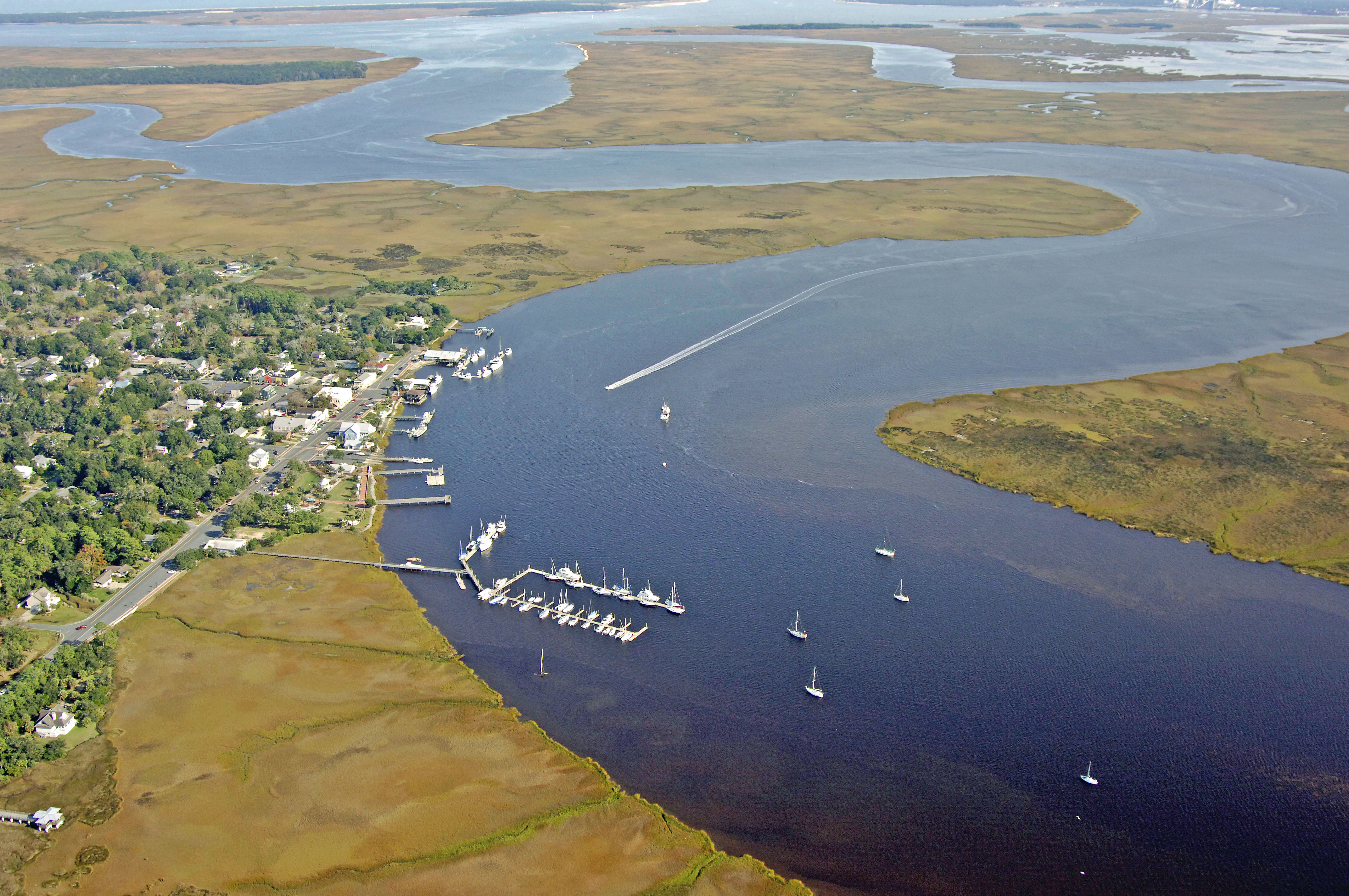 Aerial view of the St. Marys coastal waterway and marina
